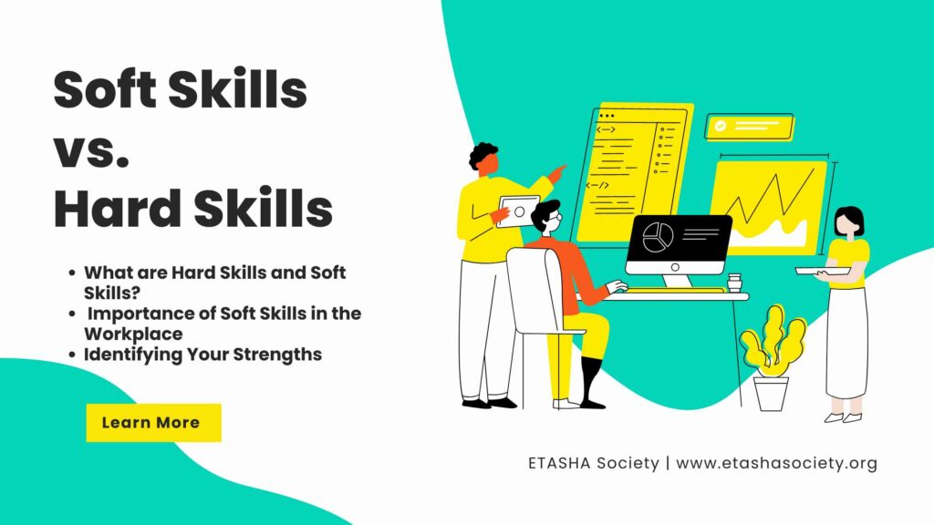 Illustration showing three people interacting with various digital tools, with the text 'Soft Skills vs. Hard Skills'. The image includes a list of topics: 'What are Hard Skills and Soft Skills?', 'Importance of Soft Skills in the Workplace', and 'Identifying Your Strengths'.
